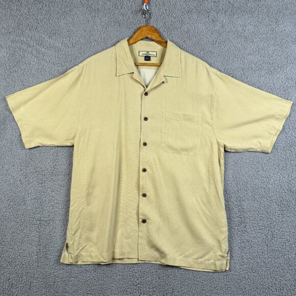 Tommy Bahama Shirt Mens Size Large Natural Beige Loose Fit Hawaiian 100% Silk